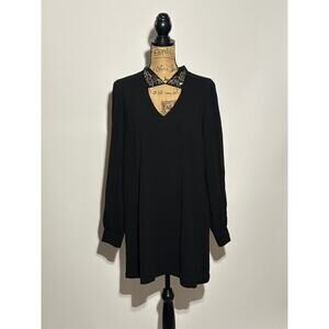 Bcbgmaxazria black tunic dress small jeweled collar slit sleeves